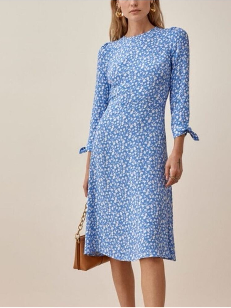 Reformation Marie Blue & Whits Floral Port Tie Sleeve Midi Dress Size 8